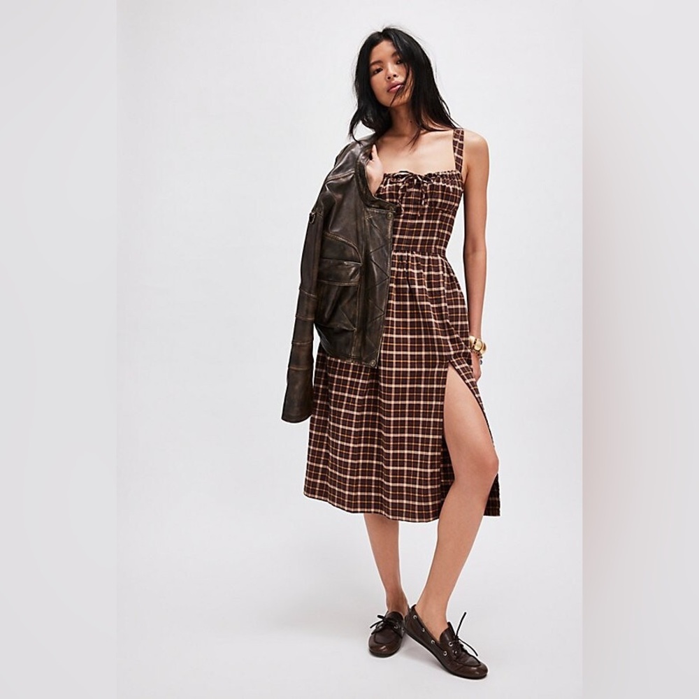 Free People Brown Plaid Midi Dress